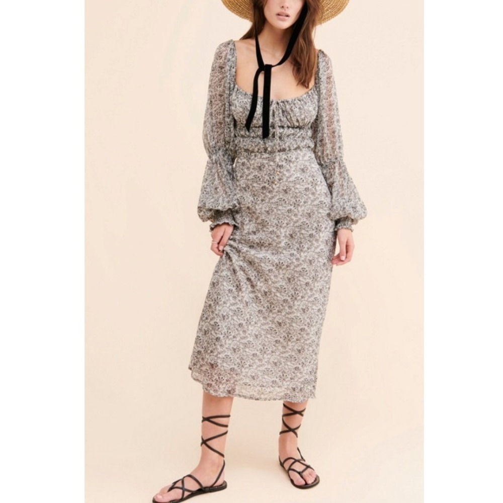 Free People Aglow Floral Smocked Midi Dress, Grey‎ Multi,XS